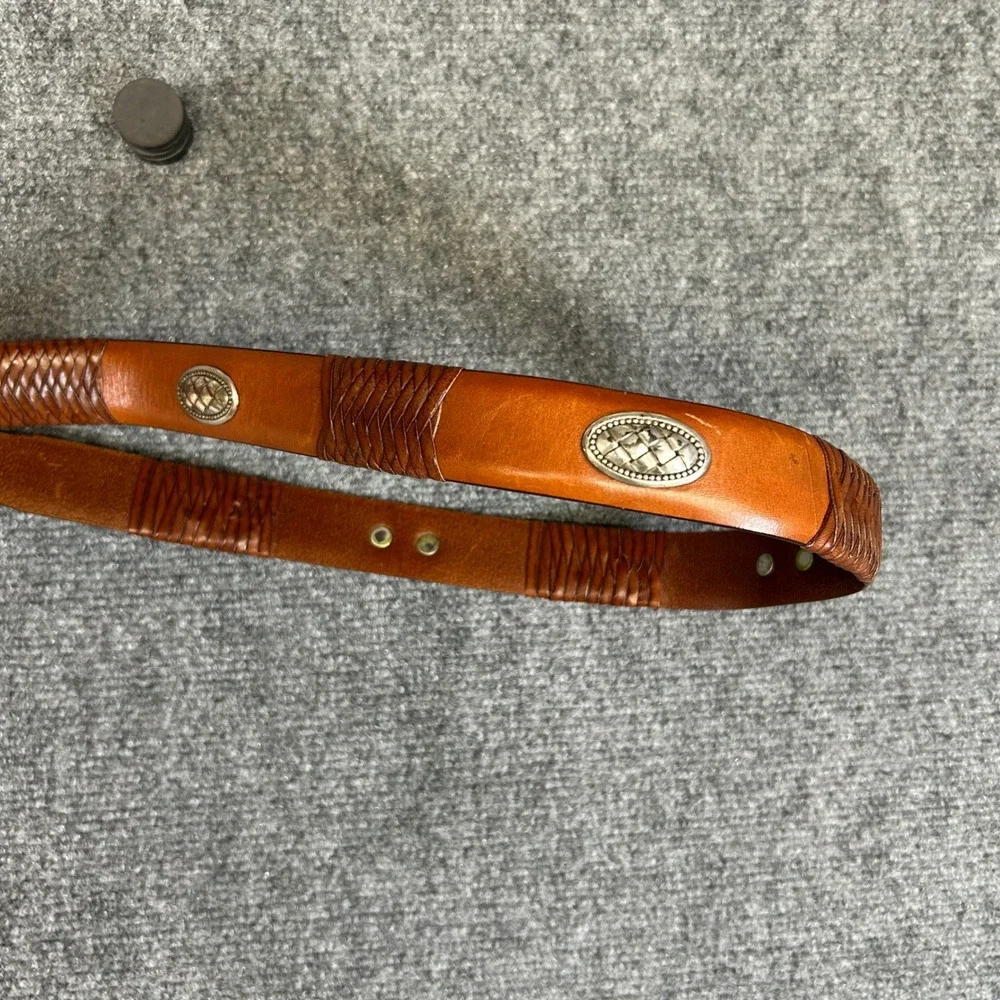 Cognac Full Grain Leather Western Concho Woven Belt Silver Buckle 38 95 01-3498